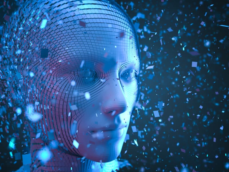 3D human head with data bits. Artificial intelligence concept.