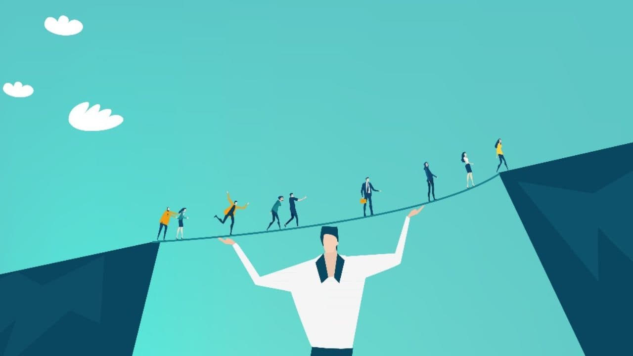Illustration of a servant leader holding a bridge with their arms, supporting a group of diverse individuals walking across safely, symbolizing the concept of servant leadership where leaders empower and uplift others.