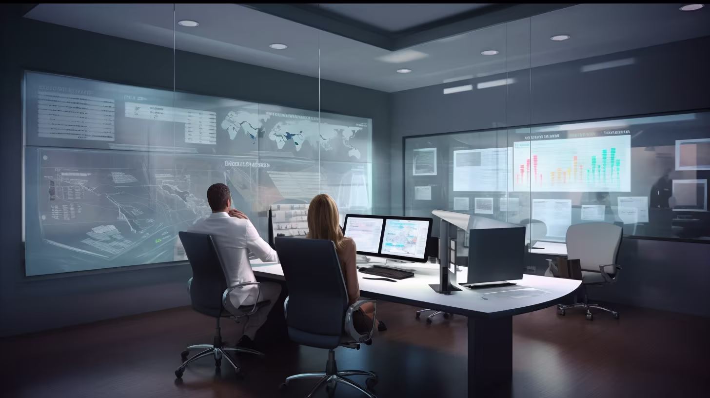 Two people in front of their screens in an office