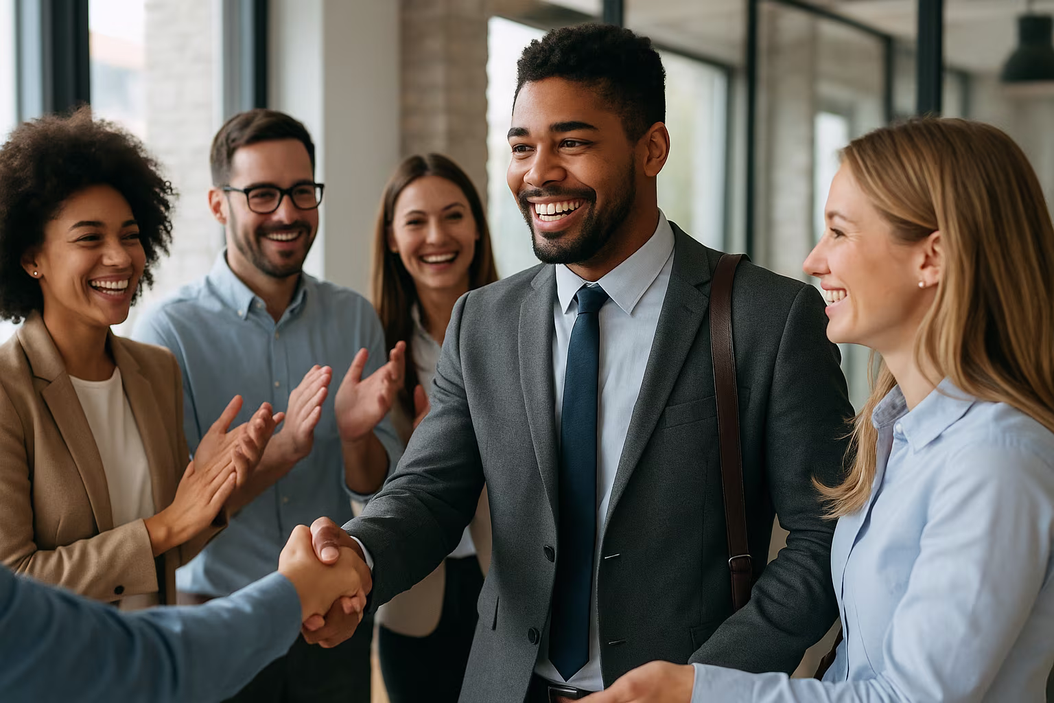 Colleagues welcoming a new executive with a handshake
