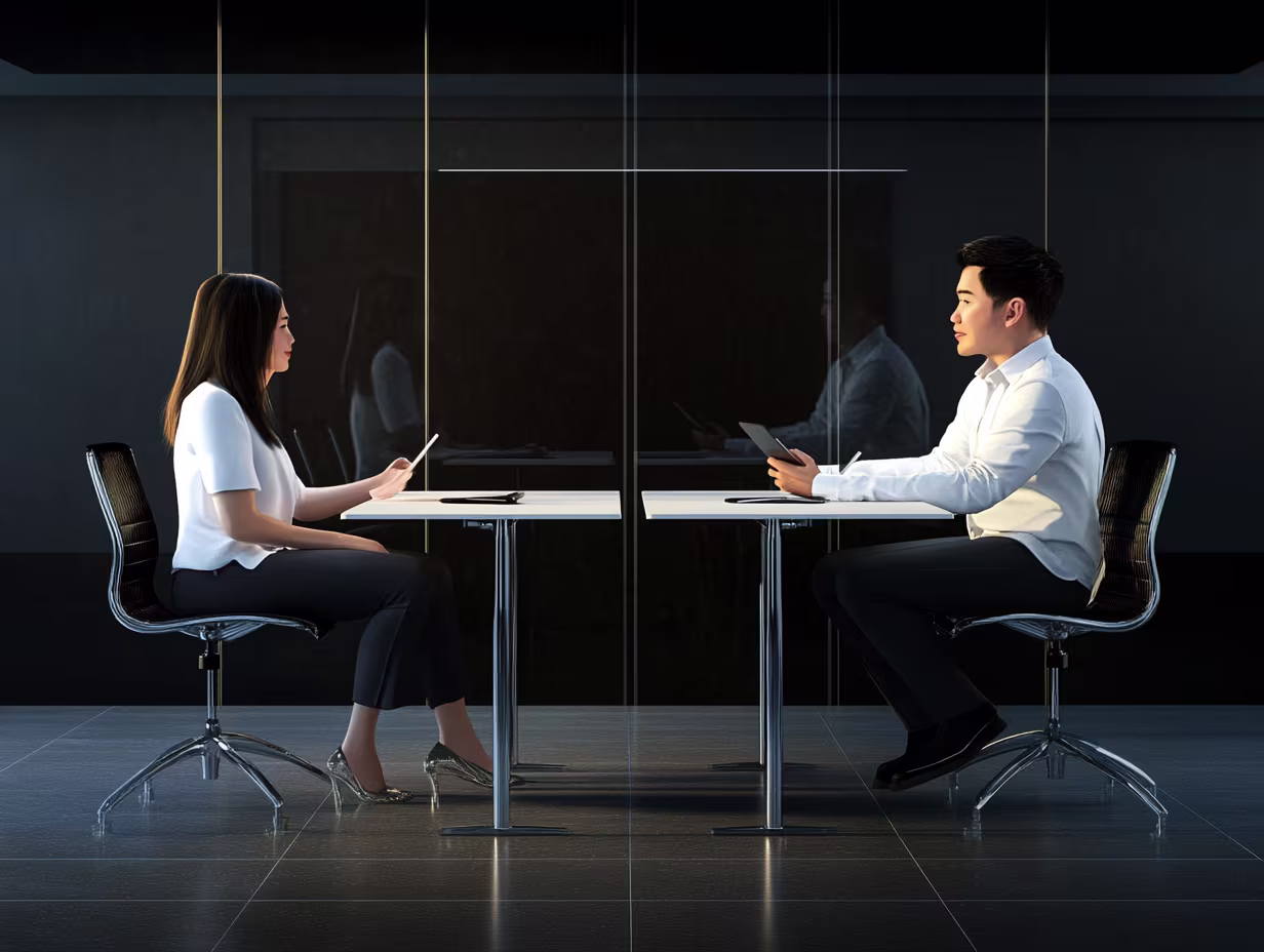 Two person in an office face to face