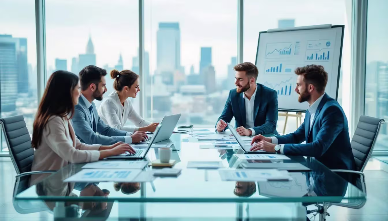 Executive team reviewing recruitment metrics in a conference room